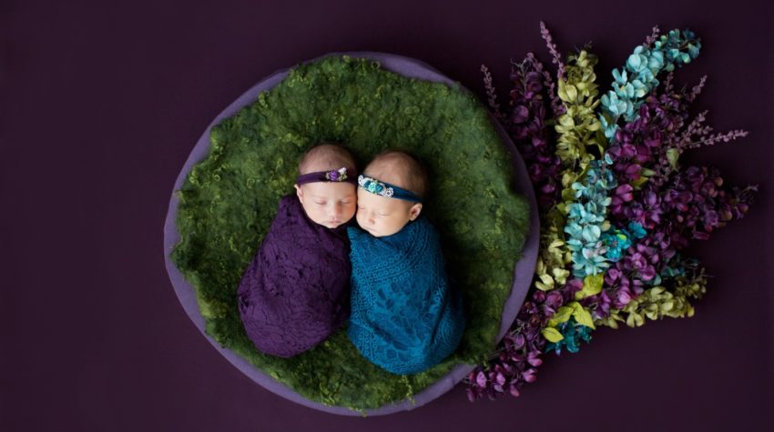 Newborn Twin Girls with Teal and Purple Flower Baby Setup in Gainesville Florida