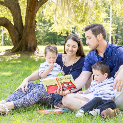 Reading Favorite Book to Two-Year-Old Twin Boys for Family Portrait taken in Tioga, Florida