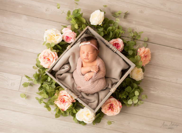 Newborn session with flowers in crate dressed in pink Gainesville Florida
