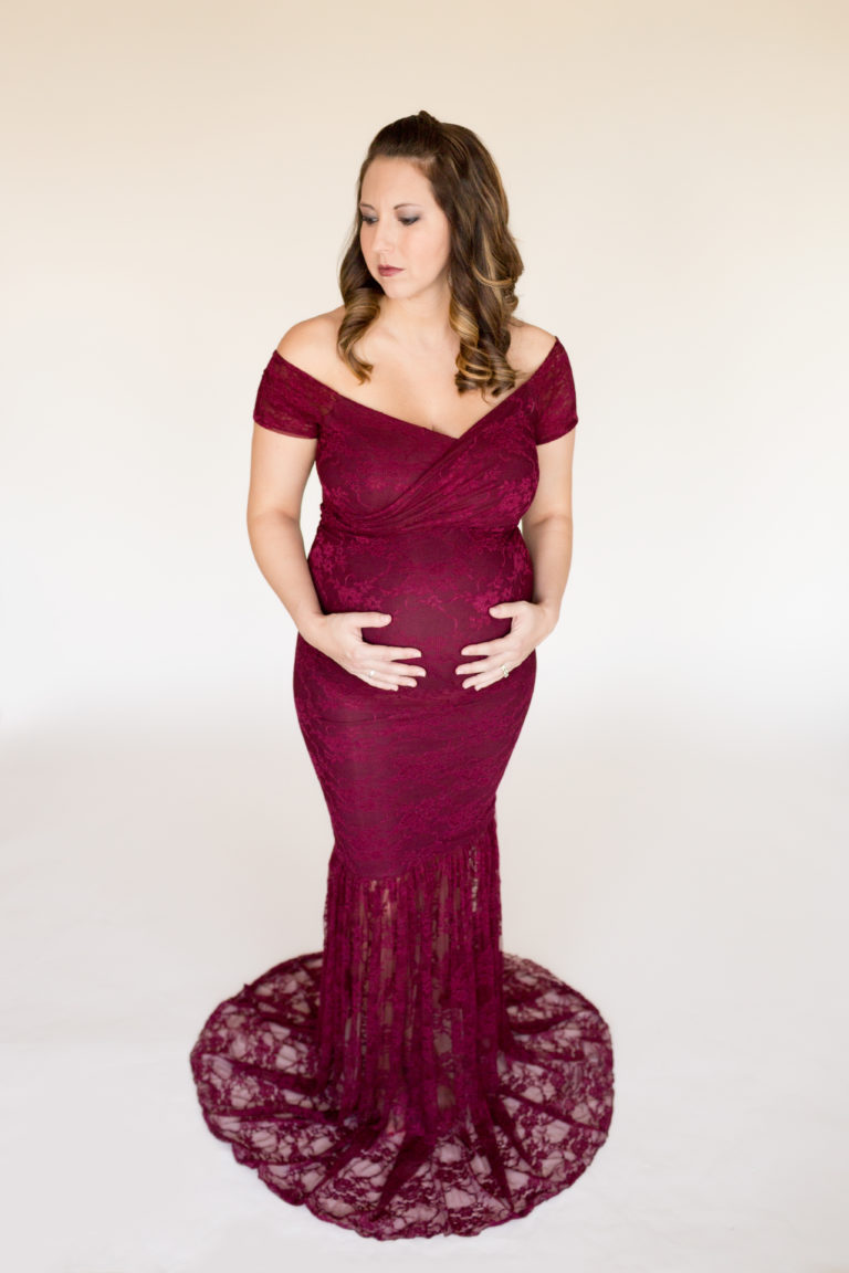 April in Lace Burgundy Maternity Gown Glancing down Gainesville Florida