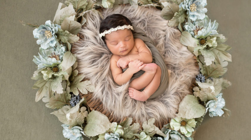 Newborn session Girl with Green and Aqua Flower Basket Setup in Gainesville Florida