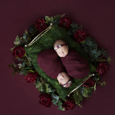 Newborn twin girls posed in brass bed together with burgundy Christmas garland surrounding the bed against burgundy backdrop Gainesville Florida