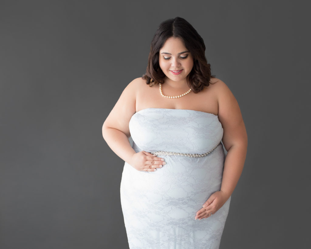 Maternity Indoor Photos Pregnant in Blue Lace Gown and Pearls in Alachua Florida