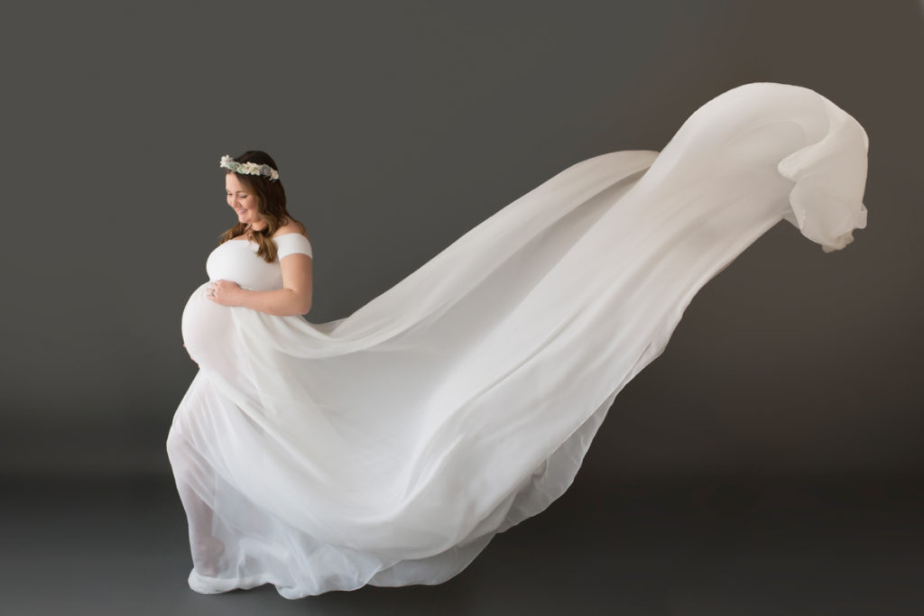 Janets Beautiful Baby Bump with a flowing white gown toss in Gainesville Florida