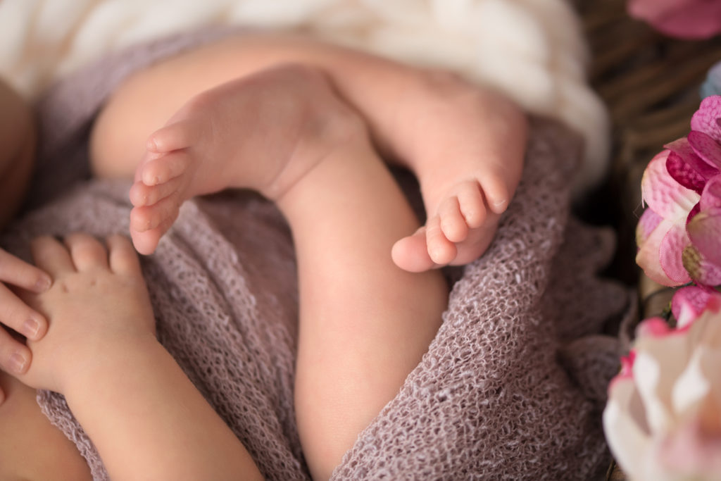 Newborn baby girl wrapped in pink in basket of rosey flowers close up of feet toes and hands