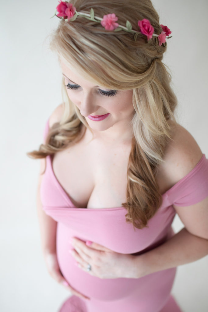 Maternity photos Christina in mermaid style rose pink gown with floral crown Gainesville Florida