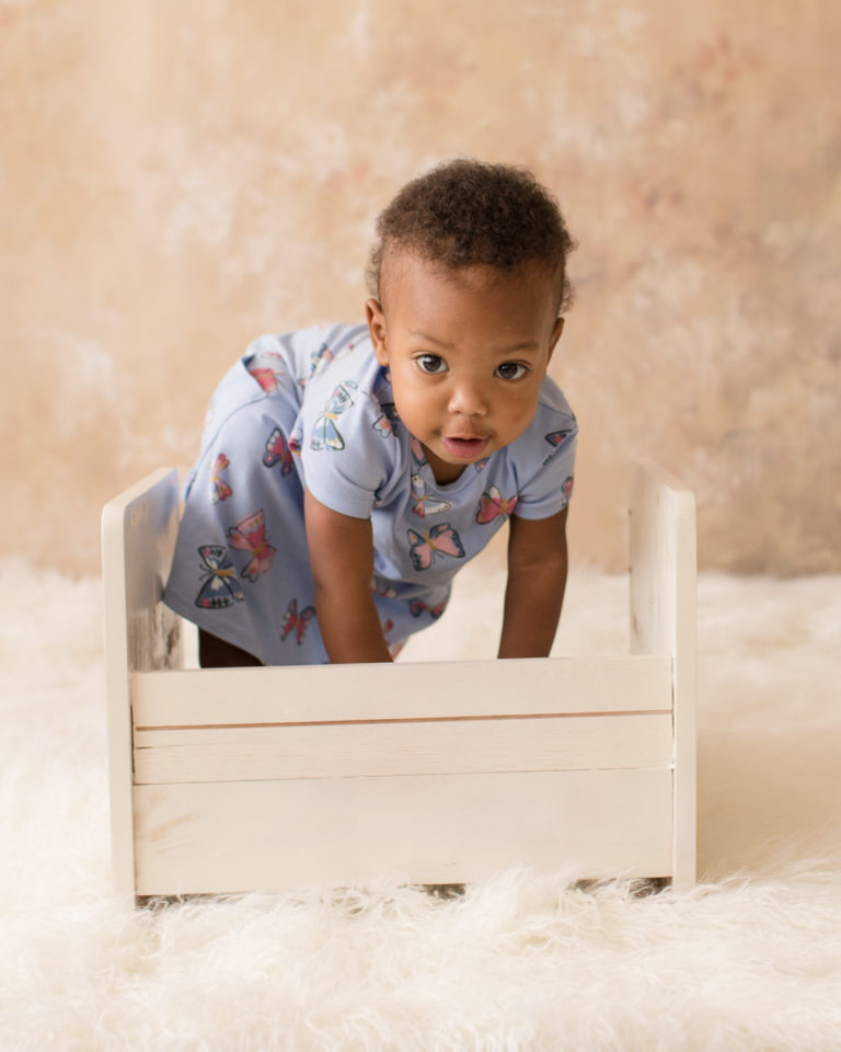 Rose One Year Old Baby Photos climbing with blue butterfly dress pink and peach tones Gainesville Florida