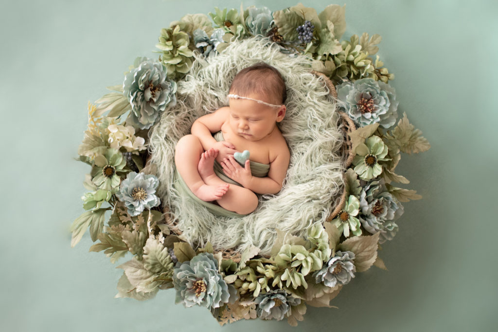 Hensley newborn photos sleeping in round fur textures basket surrounded with shades of green flowers baby hands holding tiny felted green heart from above Gainesville Florida Newborn Photography