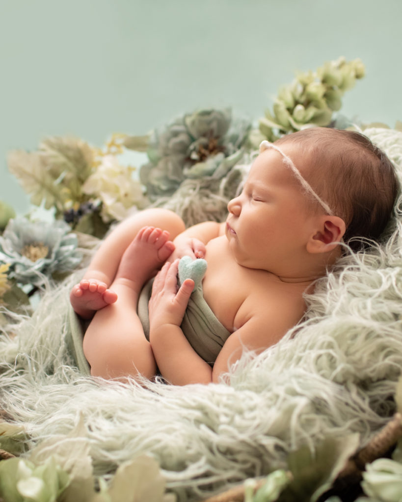 Hensley newborn photos sleeping in round fur textures basket surrounded with shades of green flowers profile close up baby hands holding tiny felted green heart Gainesville Florida Newborn Photography