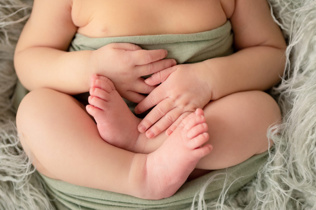 Hensley newborn photos close up tiny baby details sleeping basket filled with shade of green fur baby hands and feet above Gainesville Florida Newborn Photography