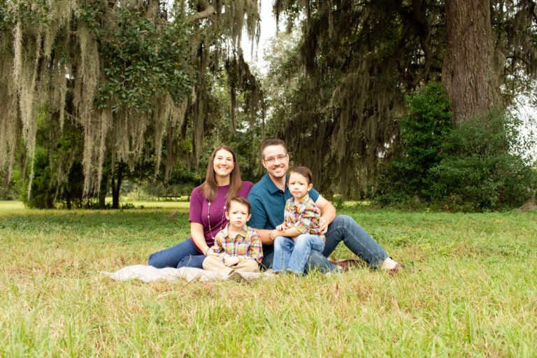 Family Photos Three Year Old Twin Boys posed on blanket in field at Horseshoe Farm Alachua Florida