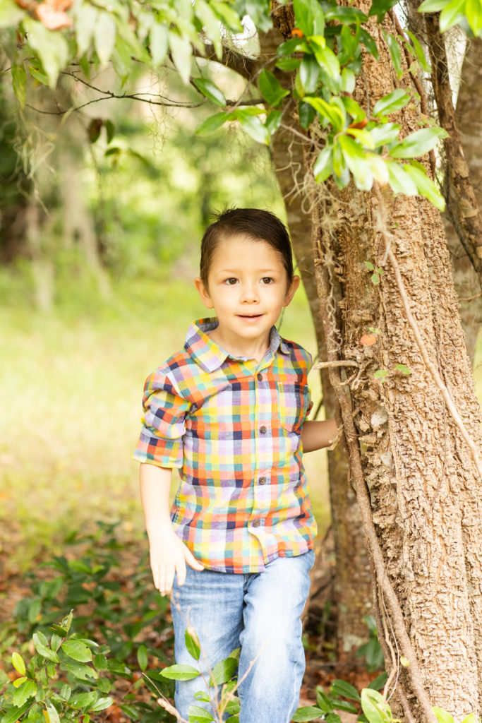 Three Year Old Boy leaning against tree fall photos at Horseshoe Farm Alachua Florida