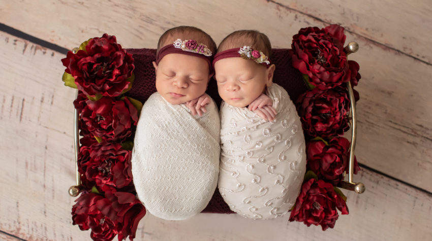 Newborn twin girls photos swaddled in delicate cream wrap and floral head tie lying on a Christmas brass bed surrounded by burgundy peonies to their left and right on white washed wood floor