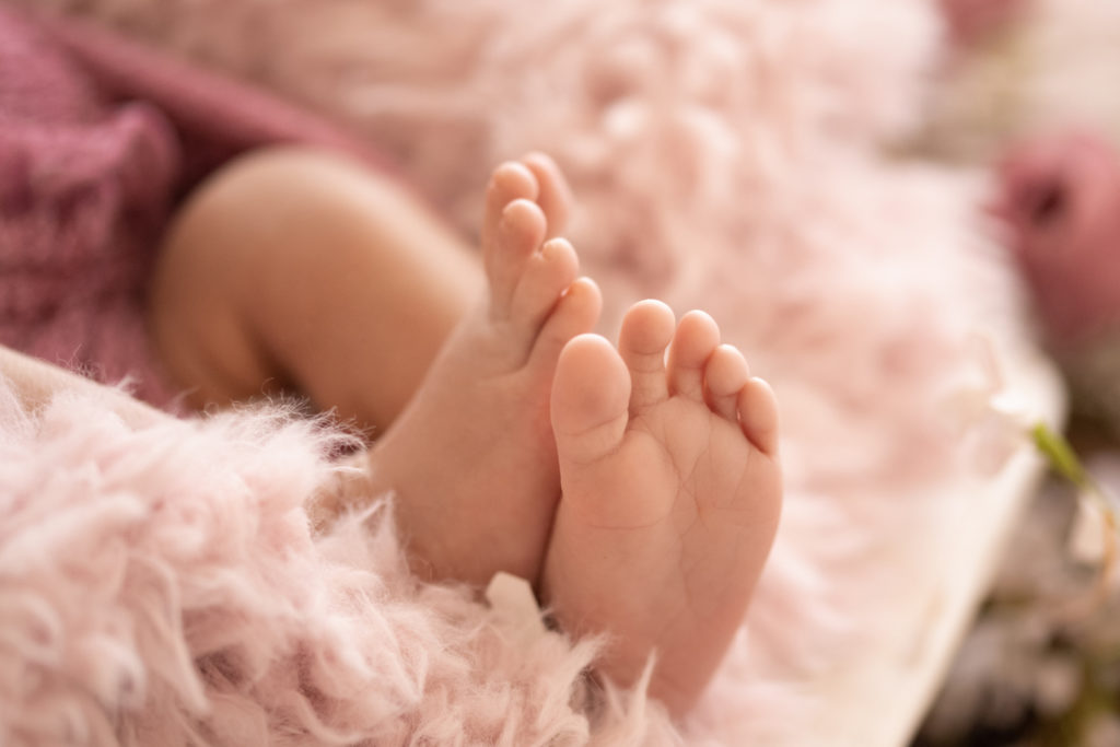 Gainesville newborn portraits baby girl close up of feet on pale pink fur with flowers