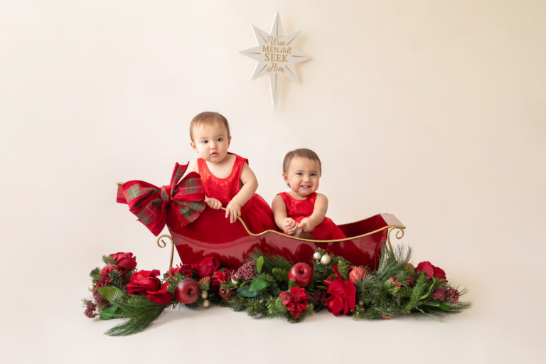 One year twin baby photo girls dressed in red velvet matching dresses sitting in shiny gold trimmed red metal sleigh burgundy and red silk flowers and garland decorations Gainesville Florida