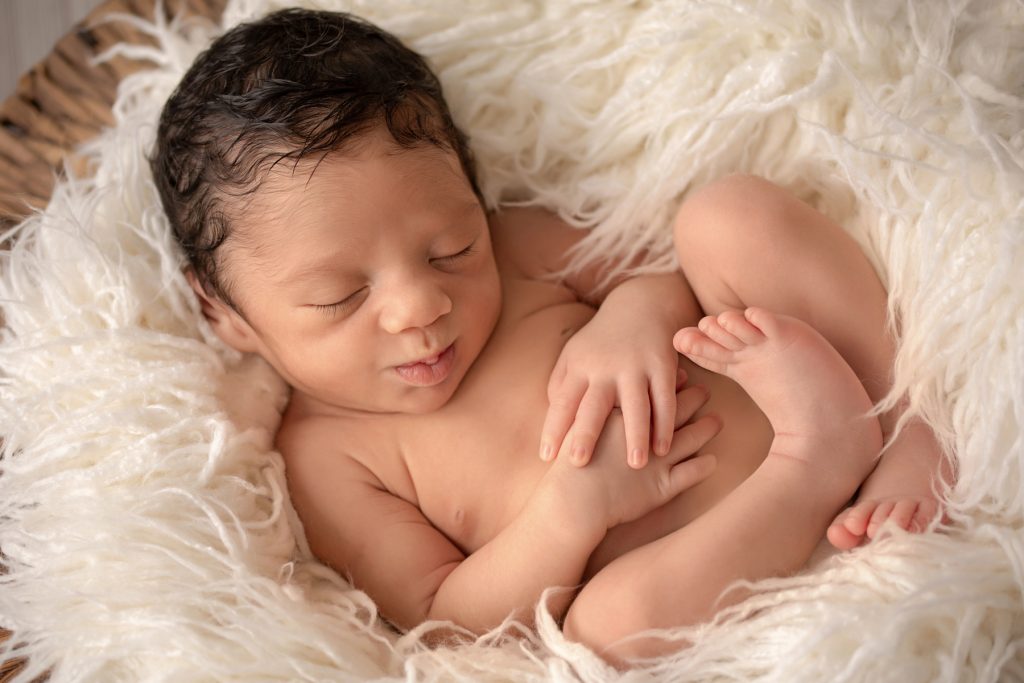 newborn Christian posed naked in fur stuffed basket Gainesville Fl newborn picture