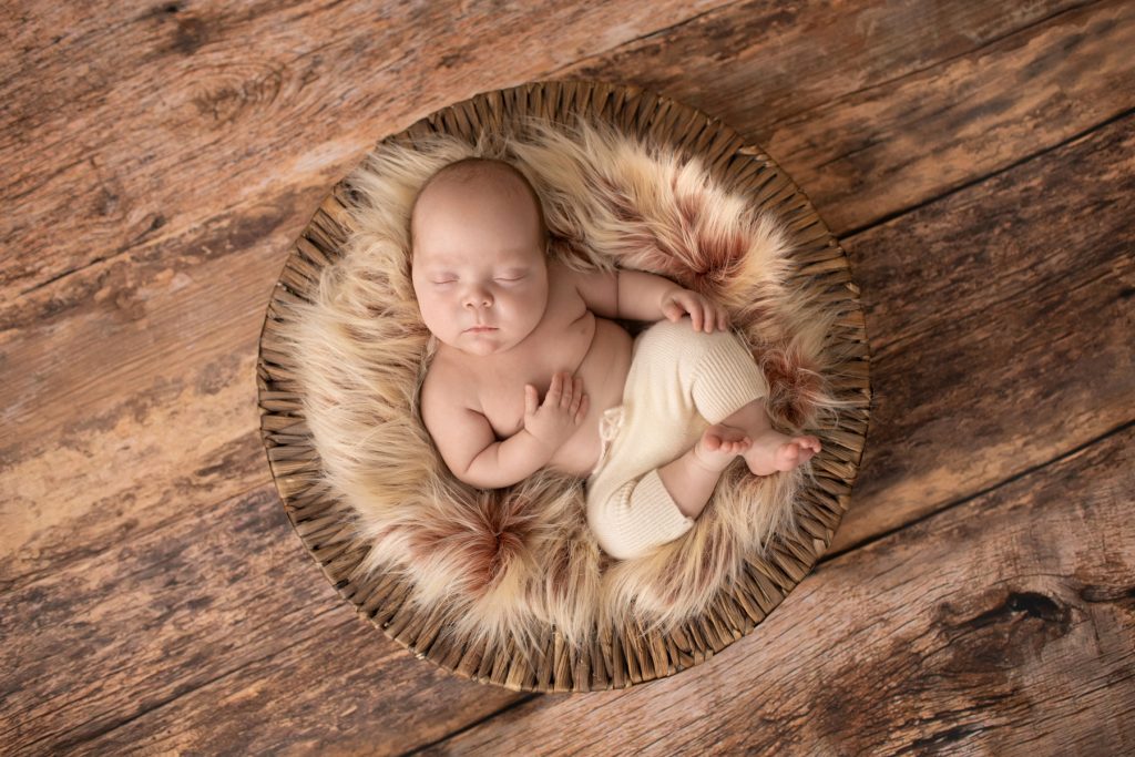 baby boy in fur basket on wood floor Gainesville FL newborn photos