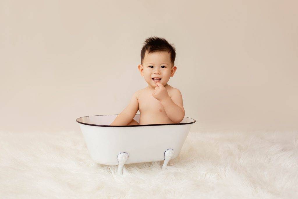 Baby Boy in Vintage Bath Tub One year Milestone Photos